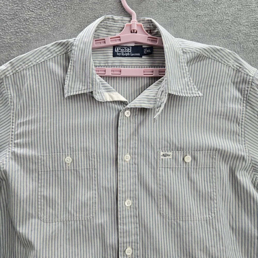 VINTAGE Polo By Ralph Lauren Men Button Up‎ Shirt XL Blue Striped PRL 69 Britain